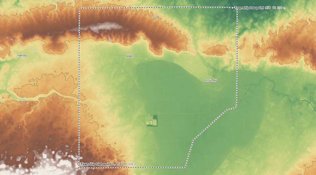 Topographic elevation map of Marion Township, Hardin County, Ohio, shaded from 950 ft on the northeast side to 1,050 ft on the southwest side