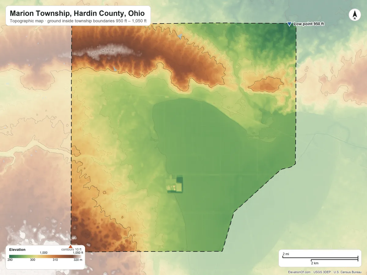 Topographic elevation map of Marion Township, Hardin County, Ohio, shaded from 950 ft on the northeast side to 1,050 ft on the southwest side