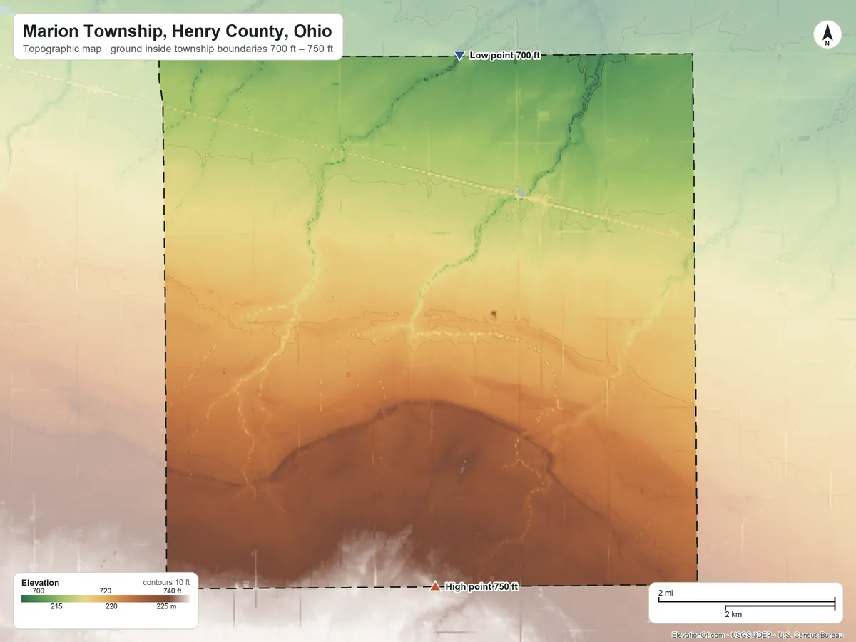 Topographic elevation map of Marion Township, Henry County, Ohio, shaded from 700 ft on the north side to 750 ft on the south side