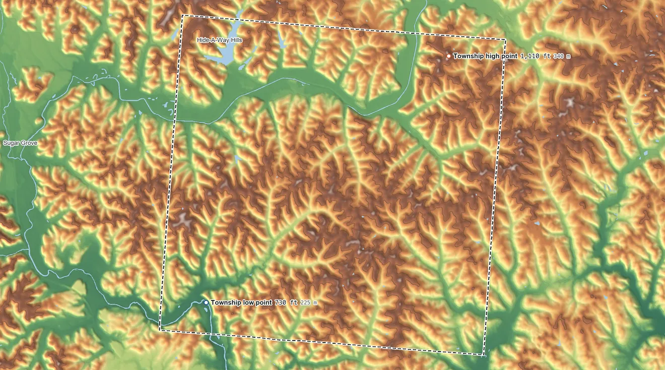Topographic elevation map of Marion Township, Hocking County, Ohio, shaded from 730 ft on the southwest side to 1,110 ft on the northeast side