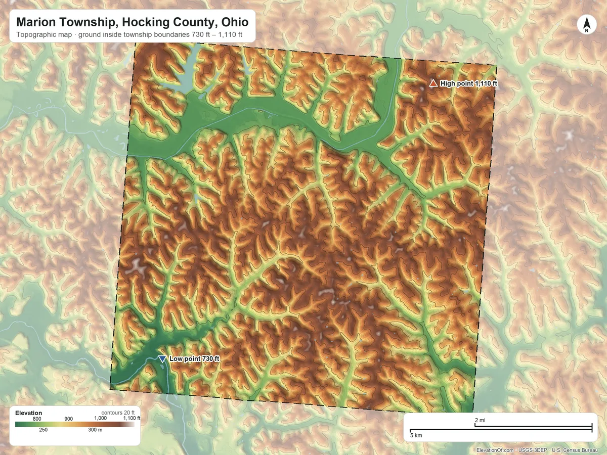 Topographic elevation map of Marion Township, Hocking County, Ohio, shaded from 730 ft on the southwest side to 1,110 ft on the northeast side