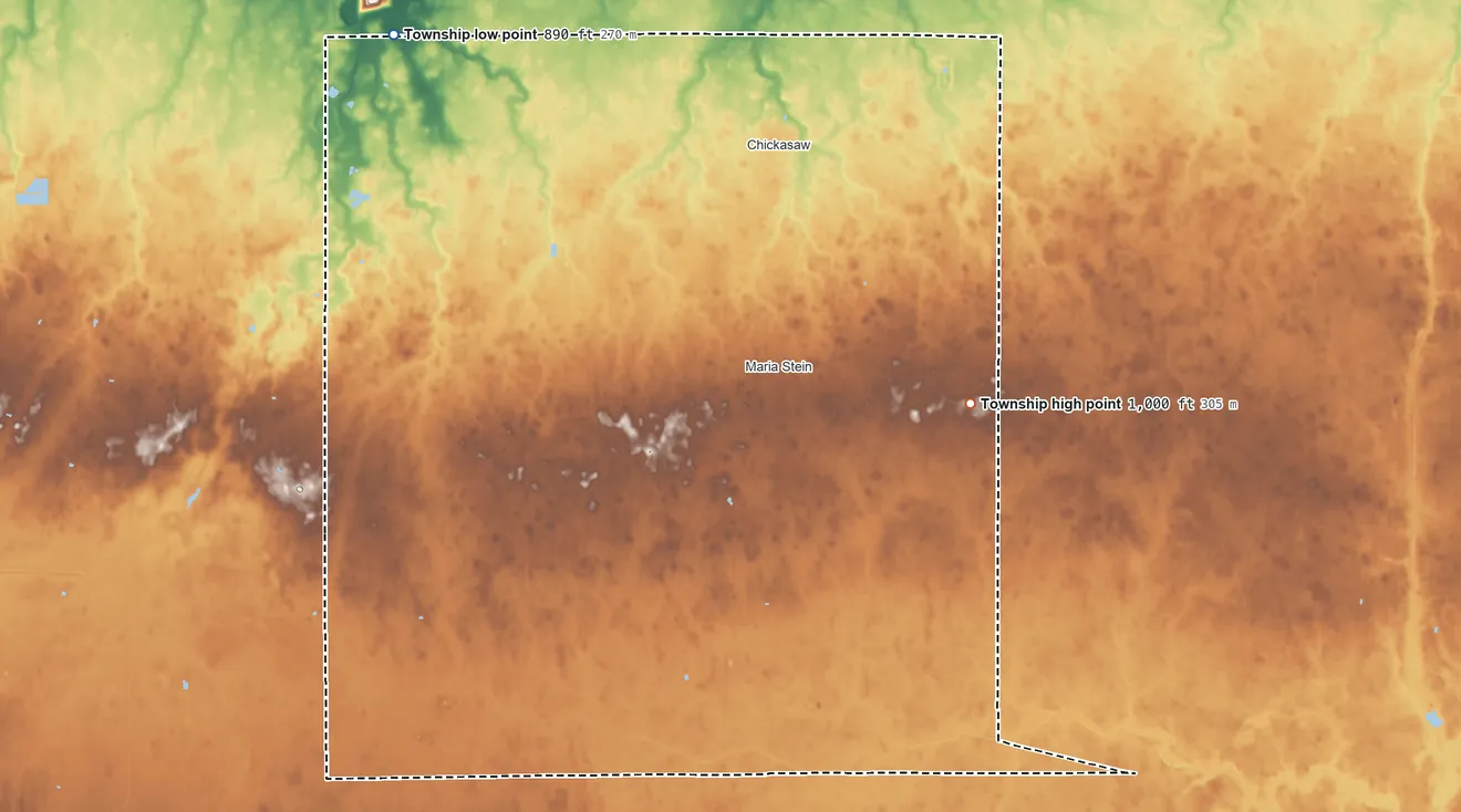 Topographic elevation map of Marion Township, Mercer County, Ohio, shaded from 890 ft on the northwest side to 1,000 ft on the southeast side