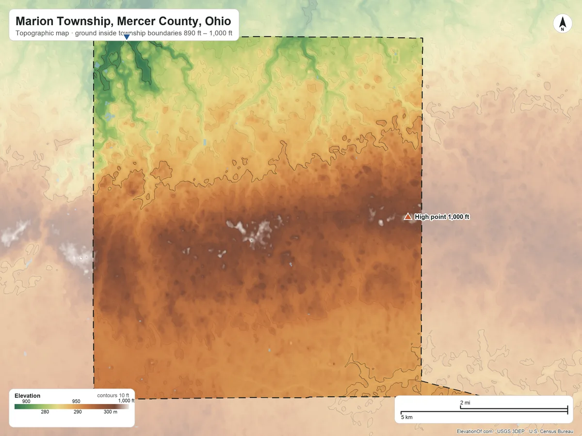 Topographic elevation map of Marion Township, Mercer County, Ohio, shaded from 890 ft on the northwest side to 1,000 ft on the southeast side