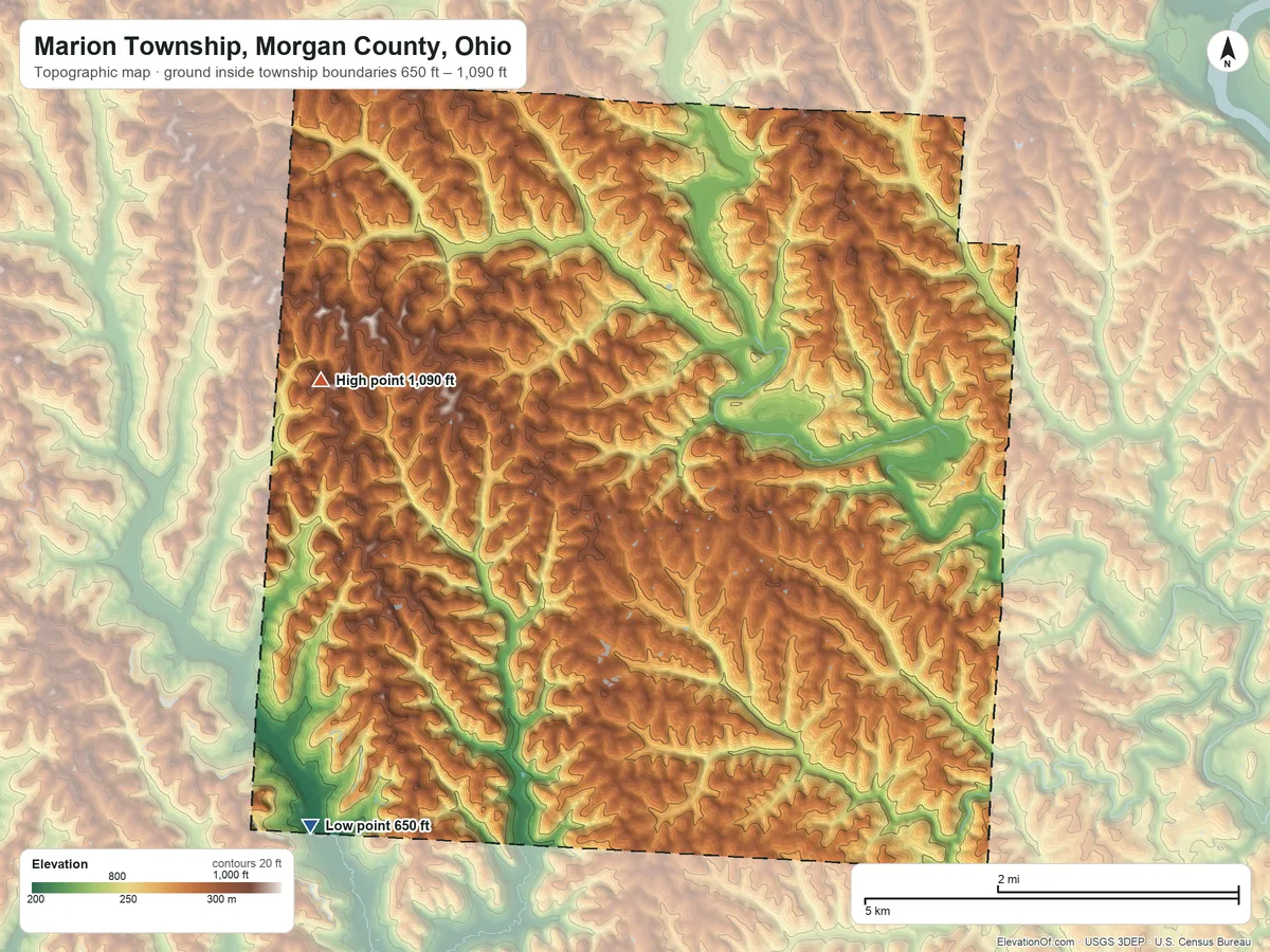 Topographic elevation map of Marion Township, Morgan County, Ohio, shaded from 650 ft on the southwest side to 1,090 ft on the west side