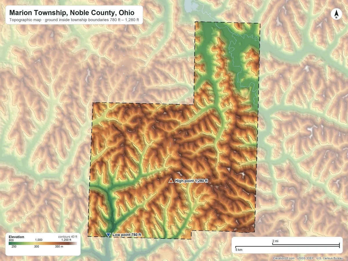 Topographic elevation map of Marion Township, Noble County, Ohio, shaded from 780 ft on the southwest side to 1,280 ft near the middle