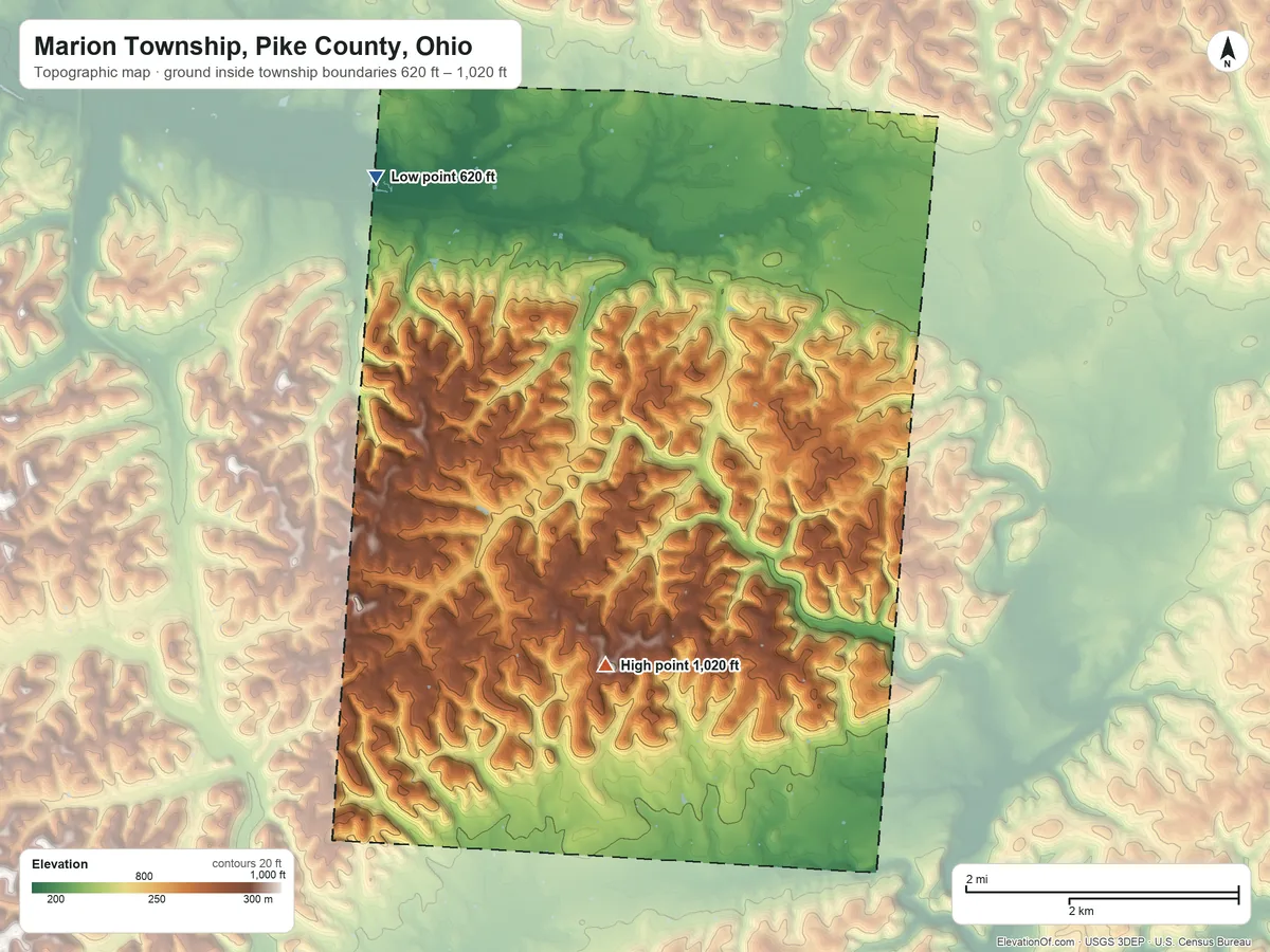 Topographic elevation map of Marion Township, Pike County, Ohio, shaded from 620 ft on the northwest side to 1,020 ft on the south side