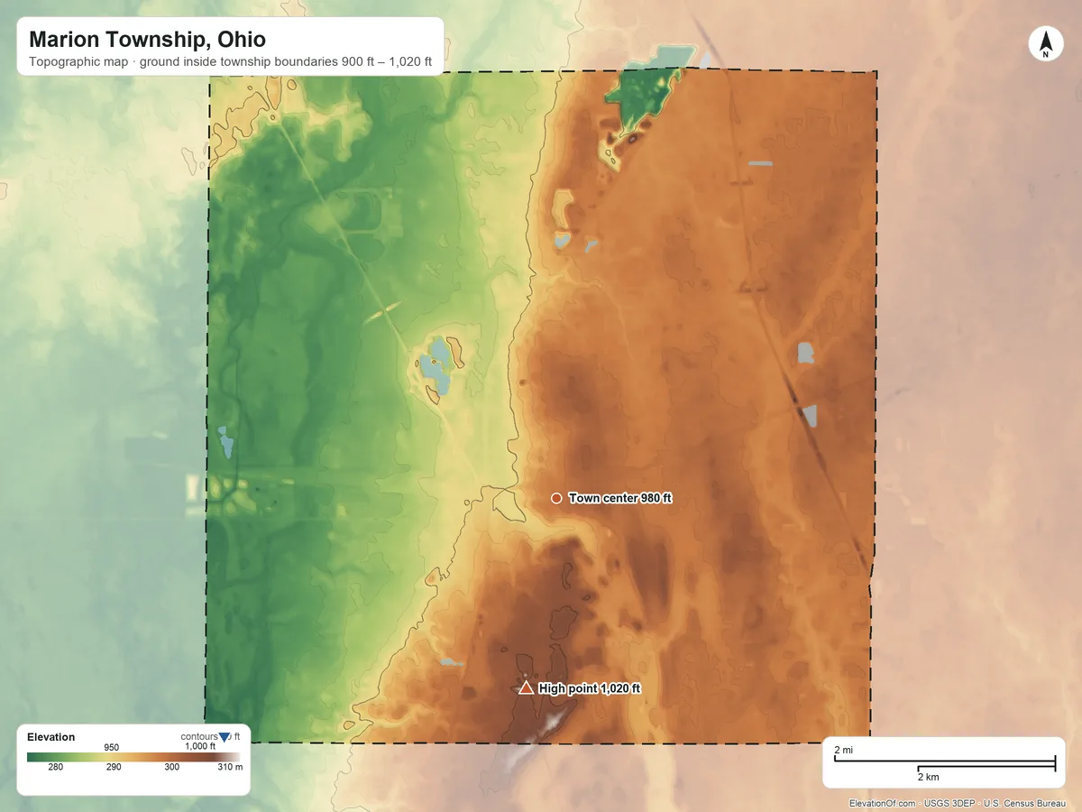 Topographic elevation map of Marion Township, Ohio, shaded from 900 ft on the southwest side to 1,020 ft on the south side