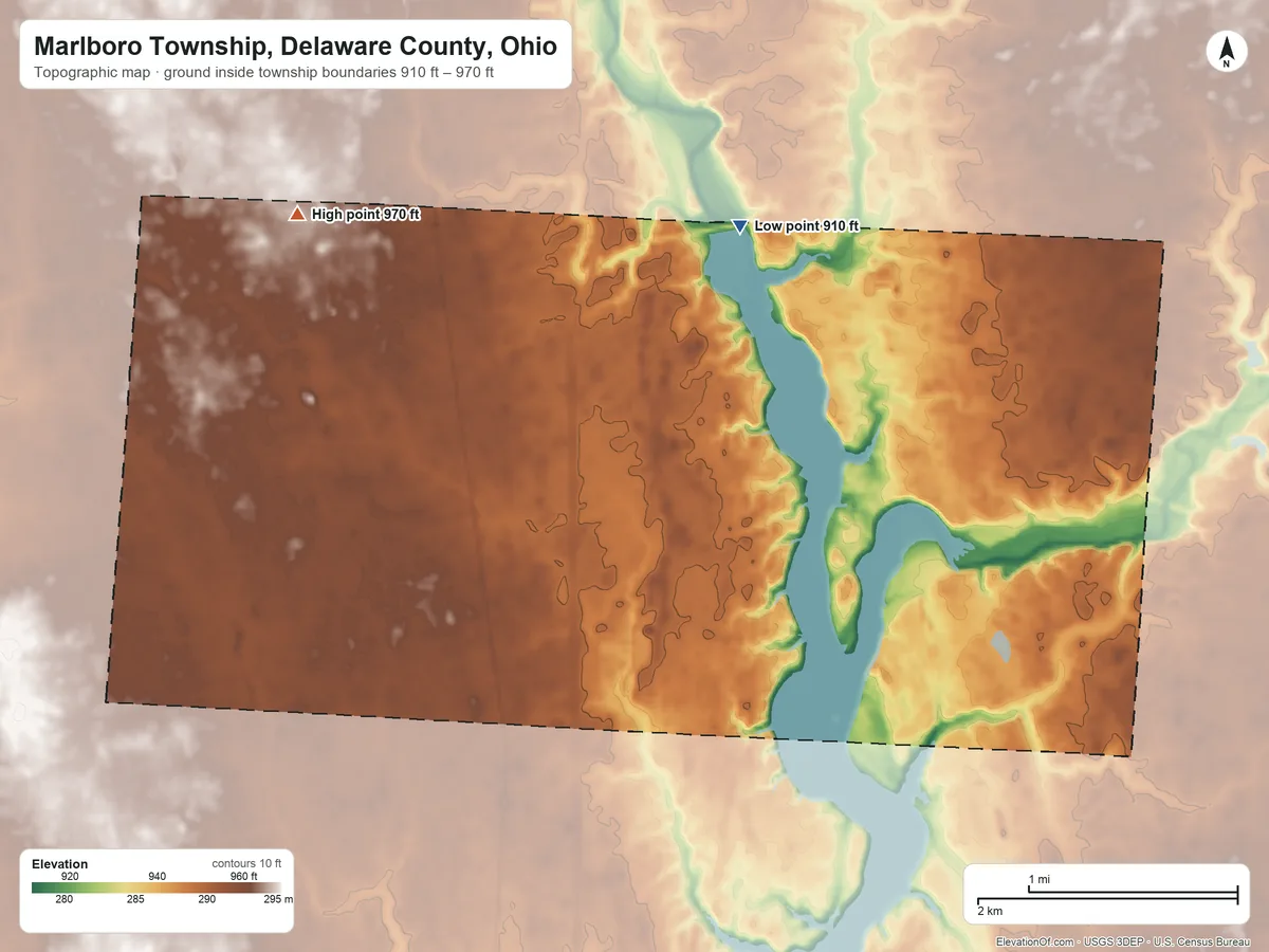 Topographic elevation map of Marlboro Township, Delaware County, Ohio, shaded from 910 ft on the north side to 970 ft on the northwest side