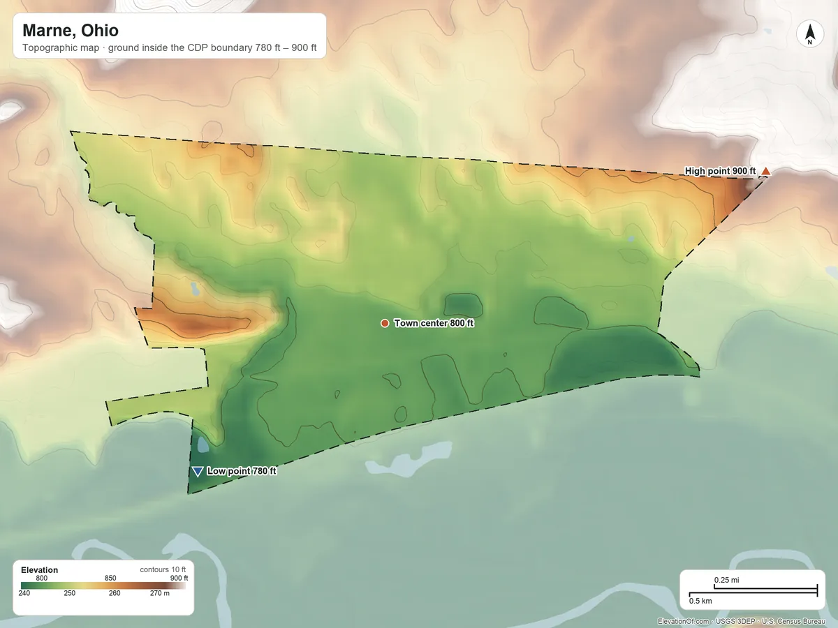 Topographic elevation map of Marne, Ohio, shaded from 780 ft on the southwest side to 900 ft on the east edge, below higher ground just outside