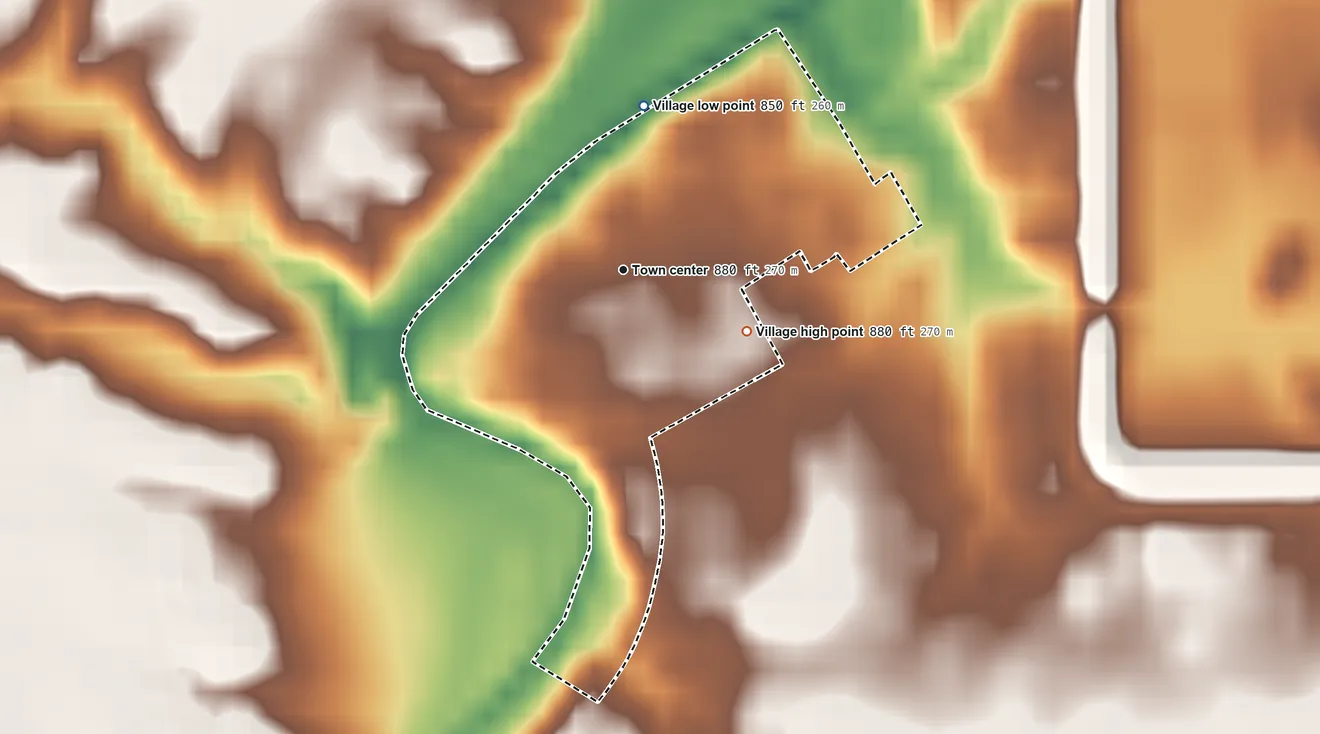 Topographic elevation map of Marseilles, Ohio, shaded from 850 ft on the north side to 880 ft on the southeast side