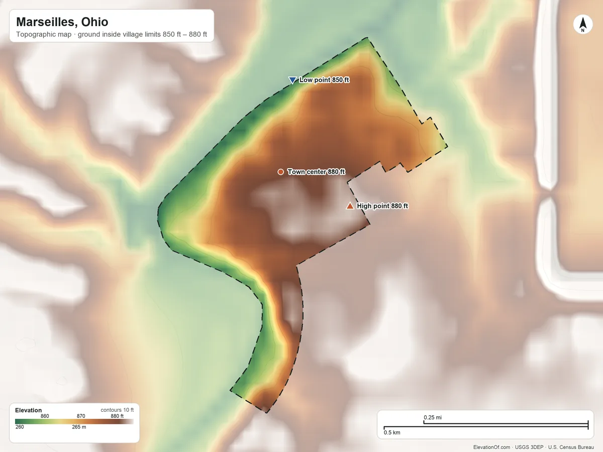 Topographic elevation map of Marseilles, Ohio, shaded from 850 ft on the north side to 880 ft on the southeast side