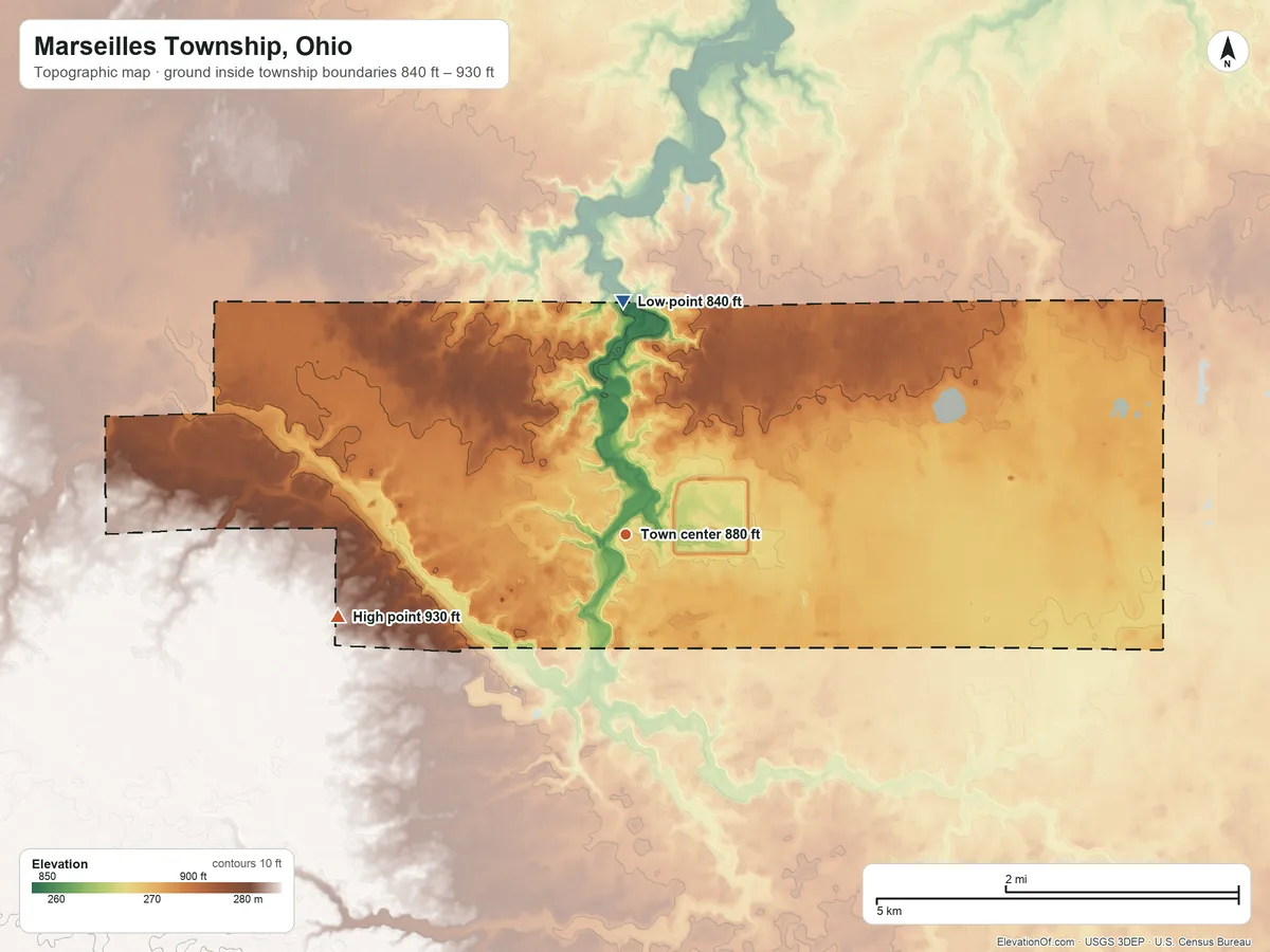 Topographic elevation map of Marseilles Township, Ohio, shaded from 840 ft on the north side to 930 ft on the west side