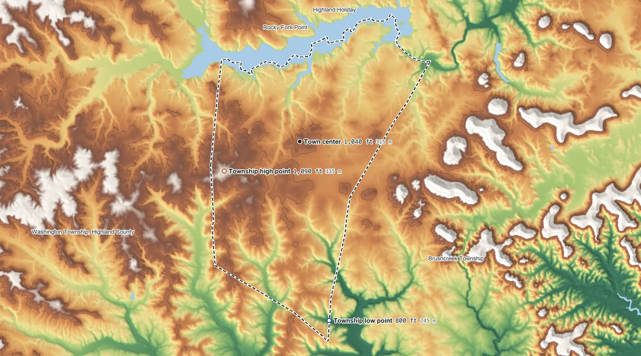 Topographic elevation map of Marshall Township, Ohio, shaded from 800 ft on the south side to 1,090 ft on the west side