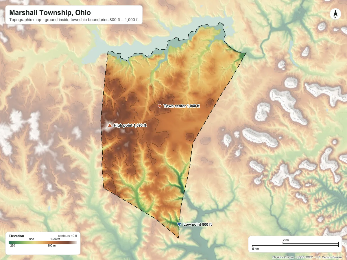 Topographic elevation map of Marshall Township, Ohio, shaded from 800 ft on the south side to 1,090 ft on the west side