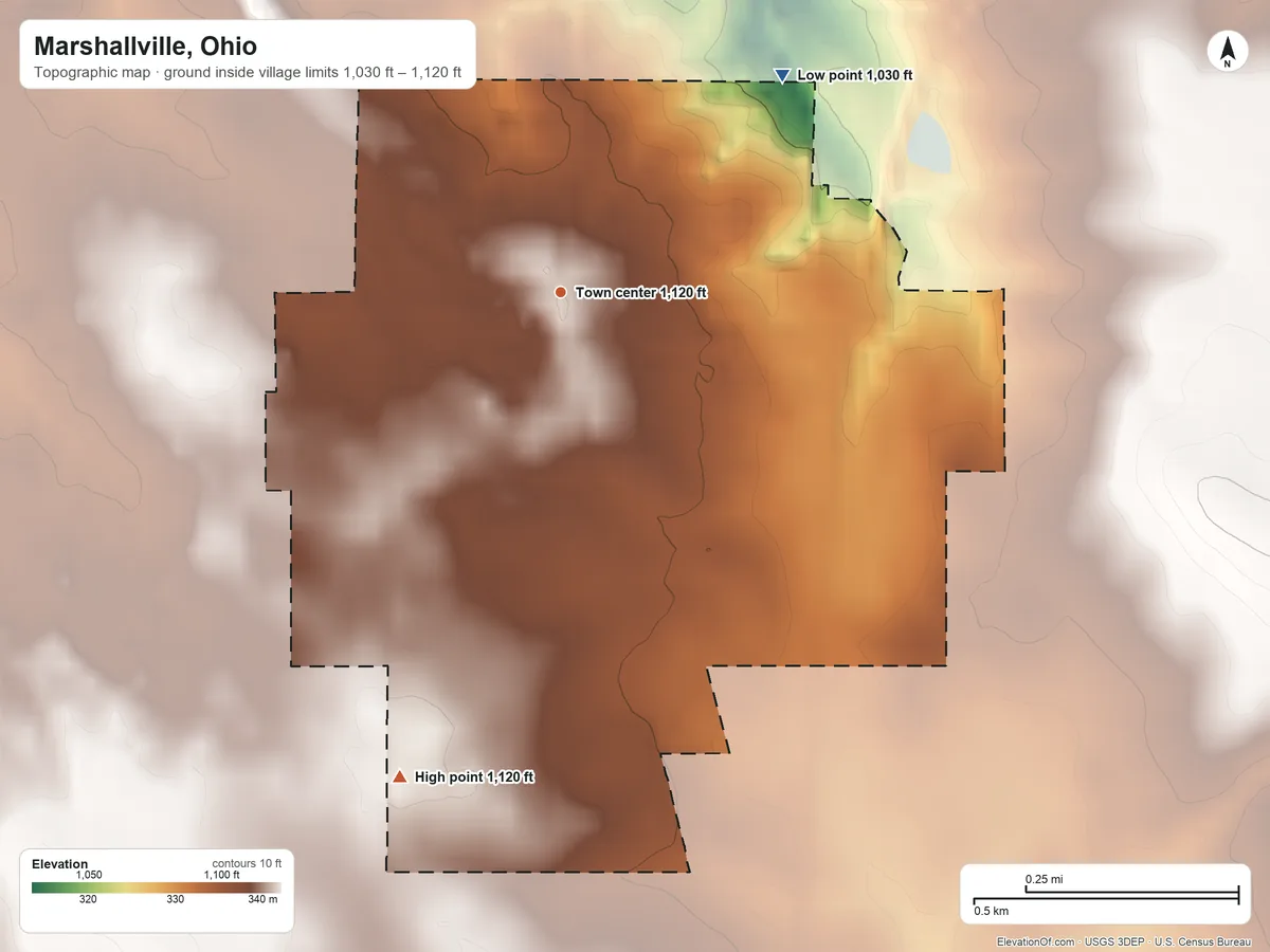 Topographic elevation map of Marshallville, Ohio, shaded from 1,030 ft on the northeast side to 1,120 ft on the south side