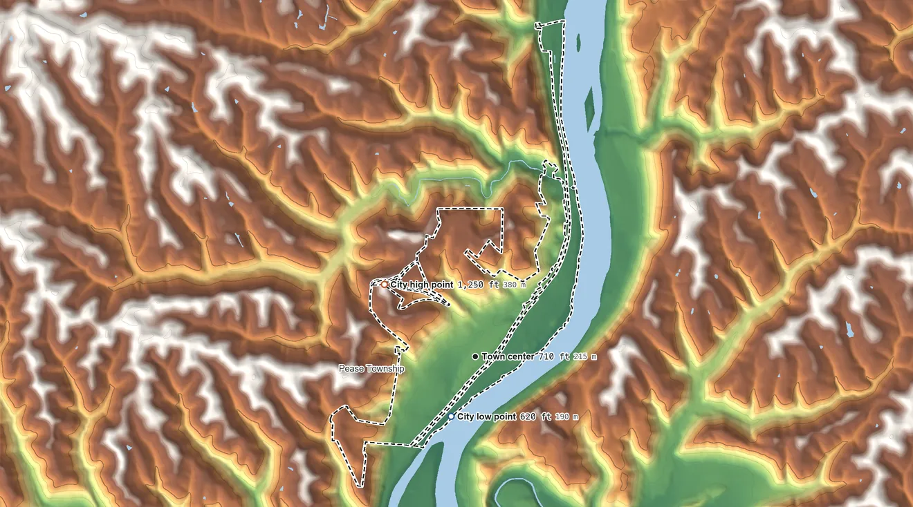 Topographic elevation map of Martins Ferry, Ohio, shaded from 620 ft on the south side to 1,250 ft on the northwest side