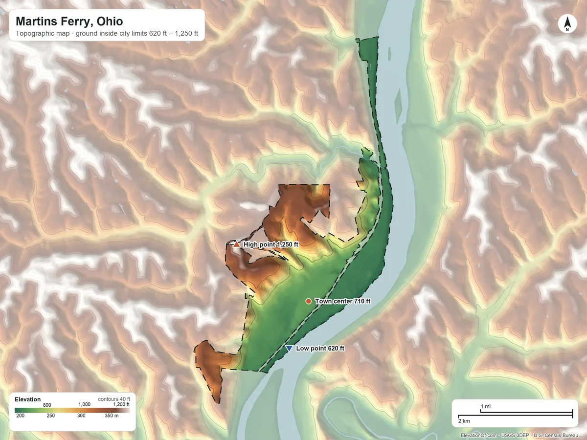 Topographic elevation map of Martins Ferry, Ohio, shaded from 620 ft on the south side to 1,250 ft on the northwest side