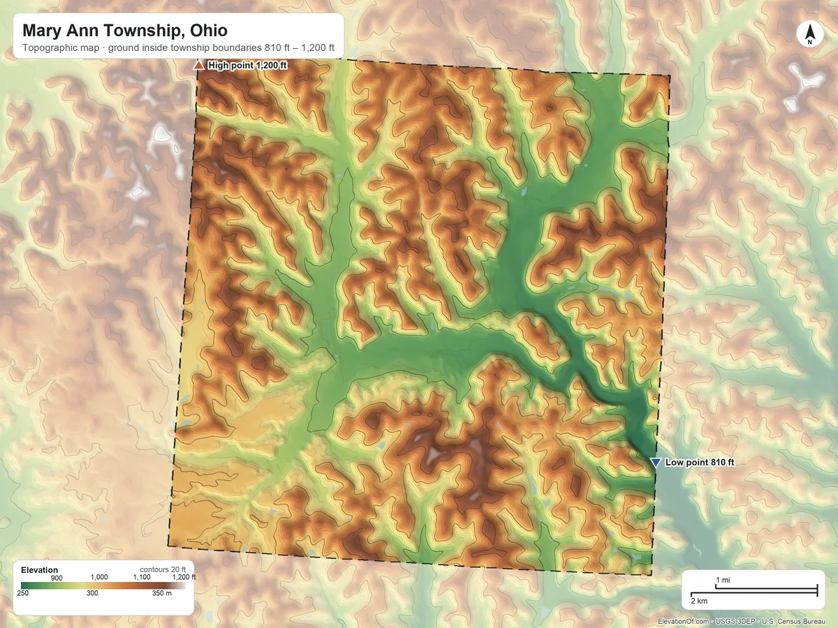 Topographic elevation map of Mary Ann Township, Ohio, shaded from 810 ft on the southeast side to 1,200 ft on the northwest side
