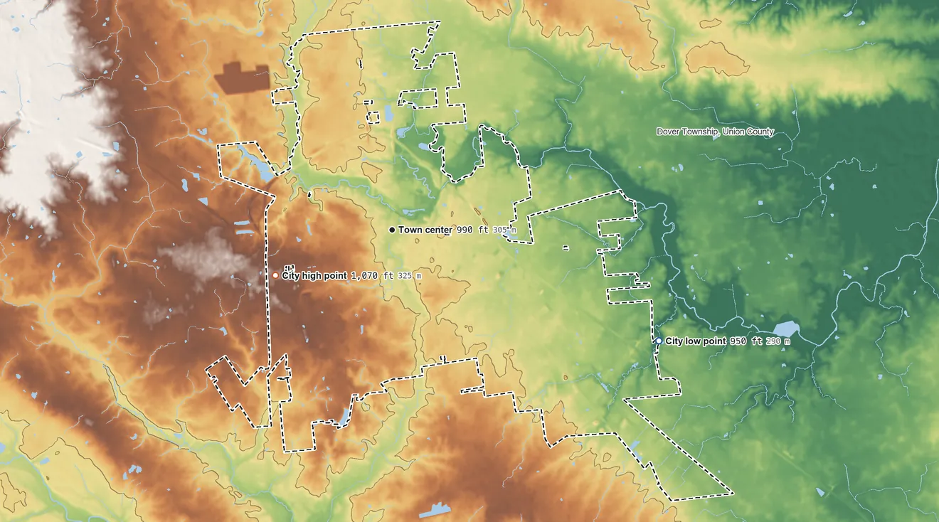 Topographic elevation map of Marysville, Ohio, shaded from 950 ft on the southeast side to 1,070 ft on the west side