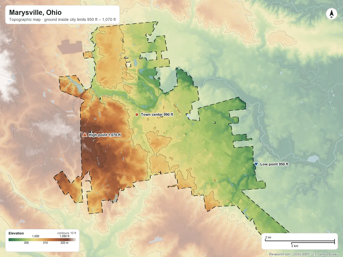 Topographic elevation map of Marysville, Ohio, shaded from 950 ft on the southeast side to 1,070 ft on the west side