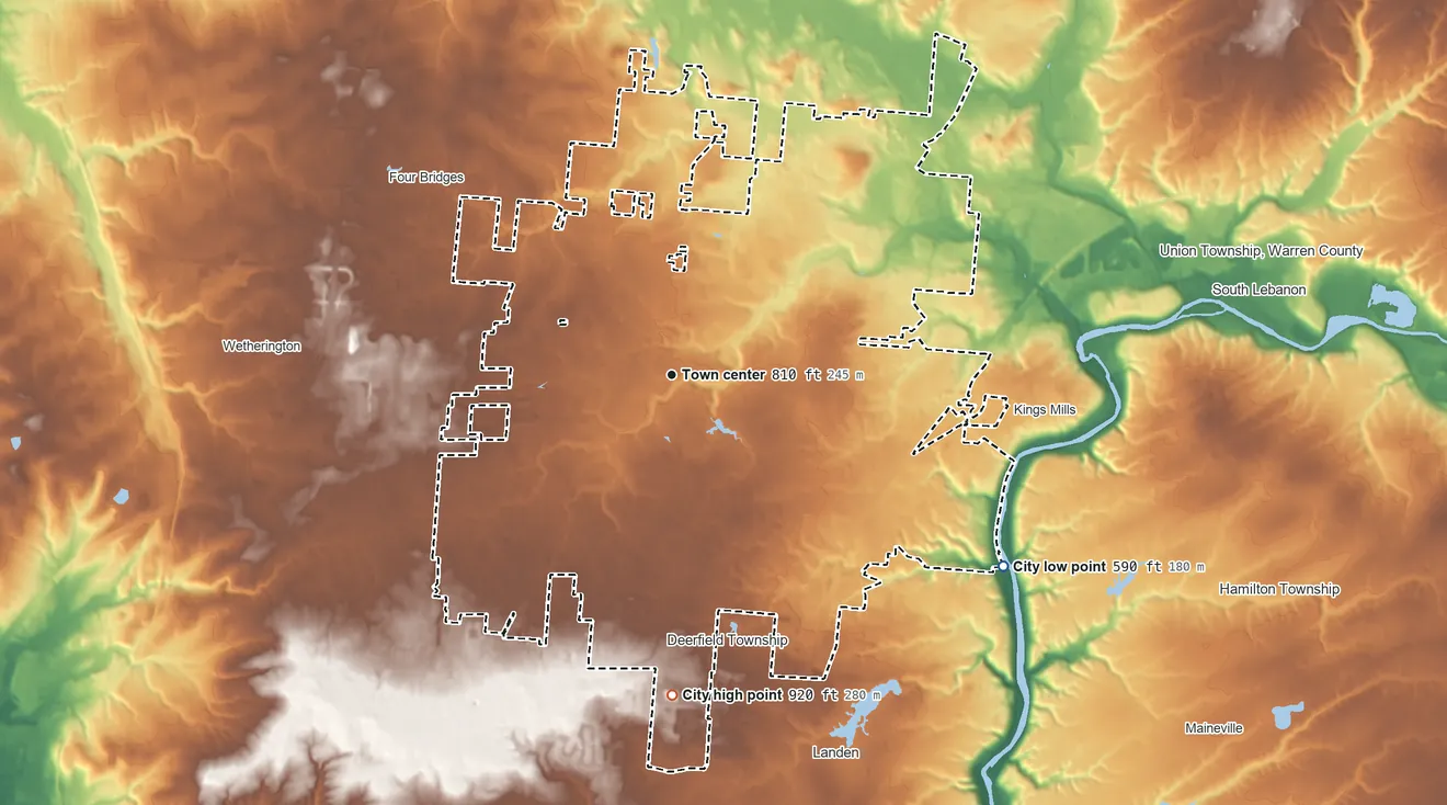 Topographic elevation map of Mason, Ohio, shaded from 590 ft on the southeast side to 920 ft on the south side