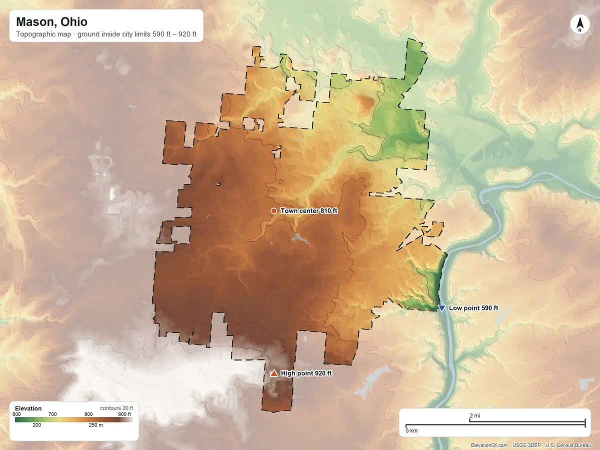 Topographic elevation map of Mason, Ohio, shaded from 590 ft on the southeast side to 920 ft on the south side