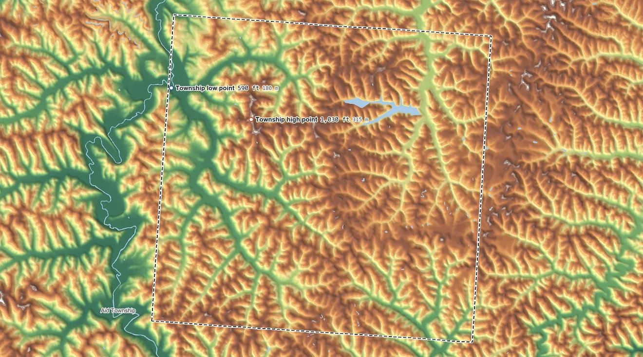 Topographic elevation map of Mason Township, Ohio, shaded from 590 ft on the northwest side to 1,030 ft on the northwest side