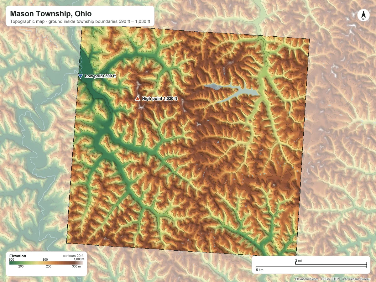 Topographic elevation map of Mason Township, Ohio, shaded from 590 ft on the northwest side to 1,030 ft on the northwest side