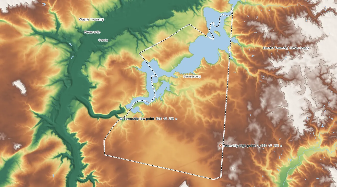 Topographic elevation map of Massie Township, Ohio, shaded from 820 ft on the west side to 1,000 ft on the southeast side