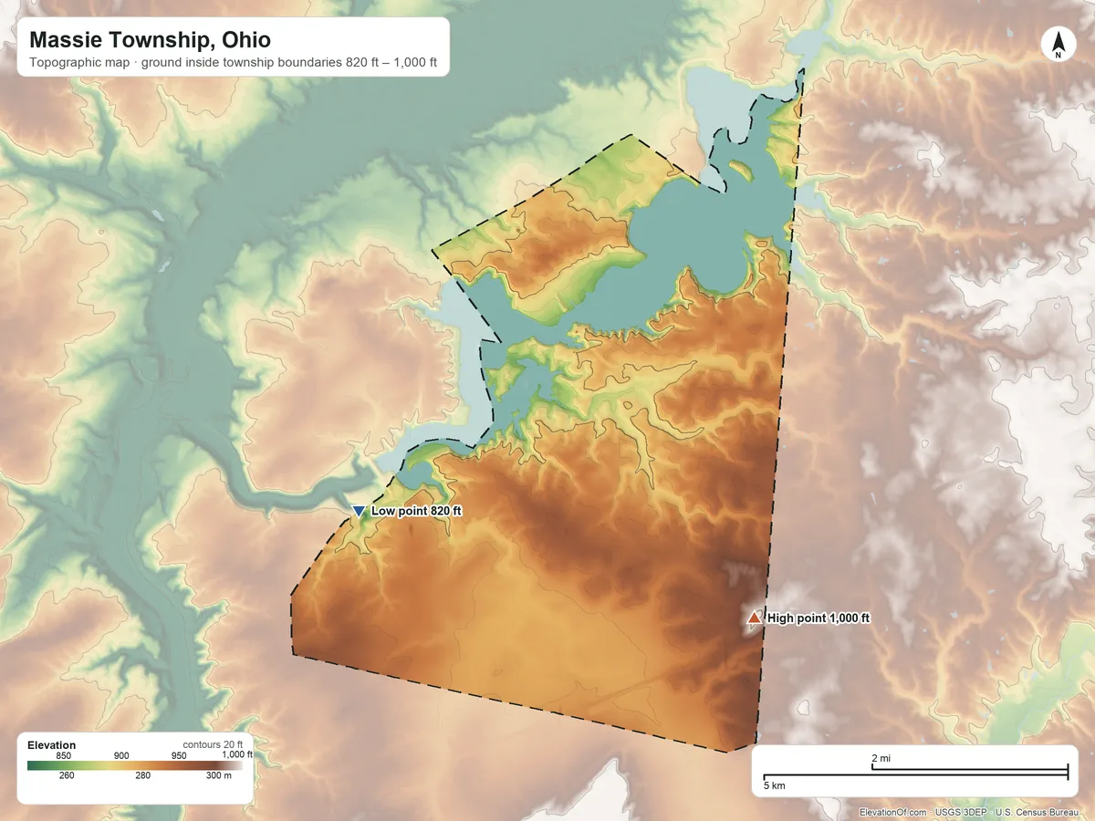 Topographic elevation map of Massie Township, Ohio, shaded from 820 ft on the west side to 1,000 ft on the southeast side
