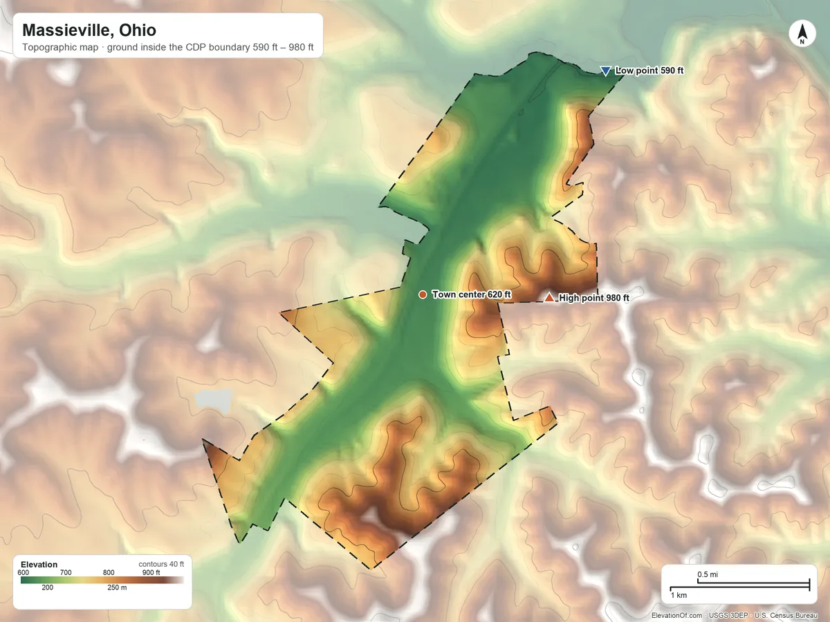 Topographic elevation map of Massieville, Ohio, shaded from 590 ft on the northeast side to 980 ft on the east side