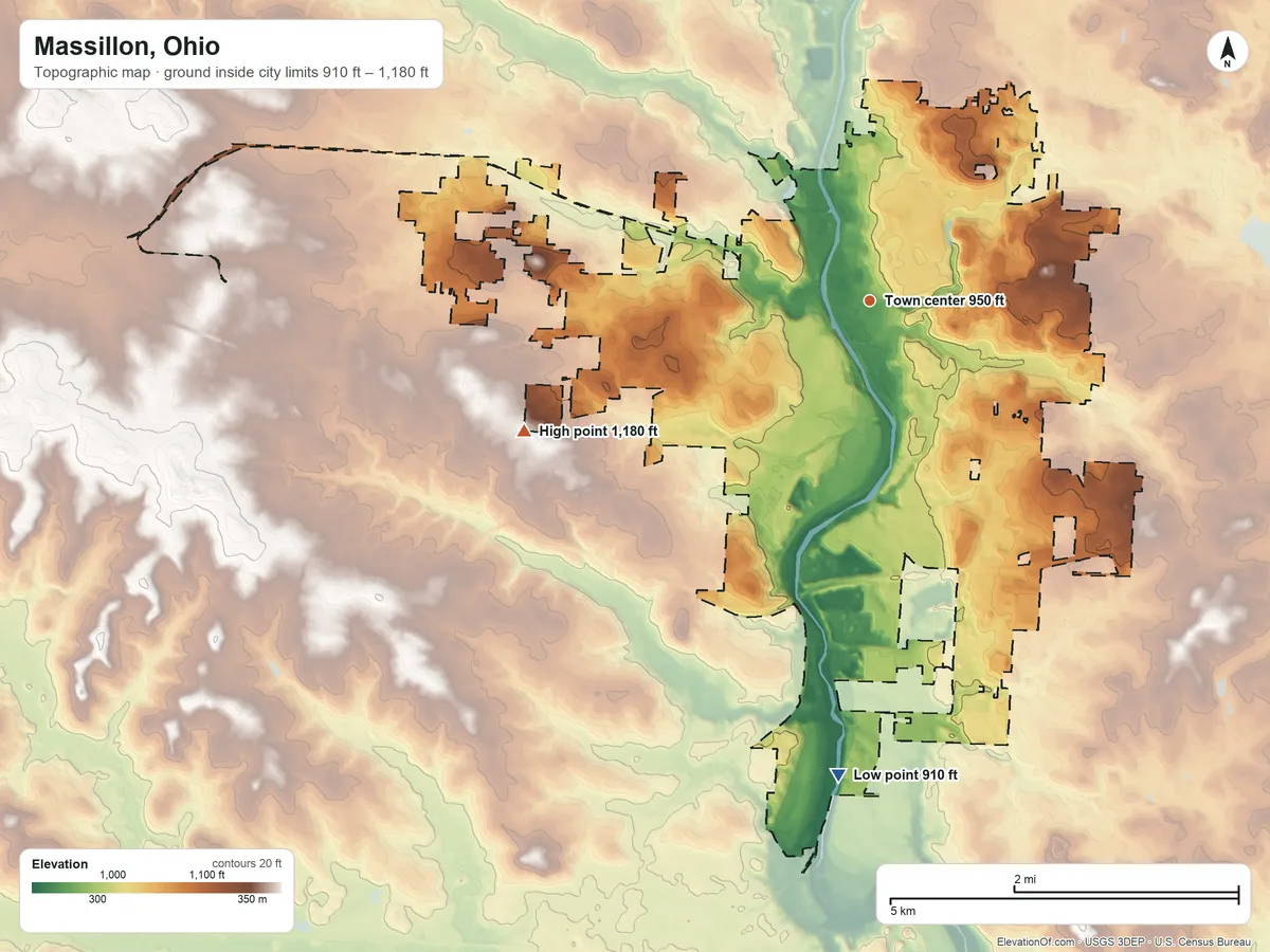 Topographic elevation map of Massillon, Ohio, shaded from 910 ft on the south side to 1,180 ft on the west side