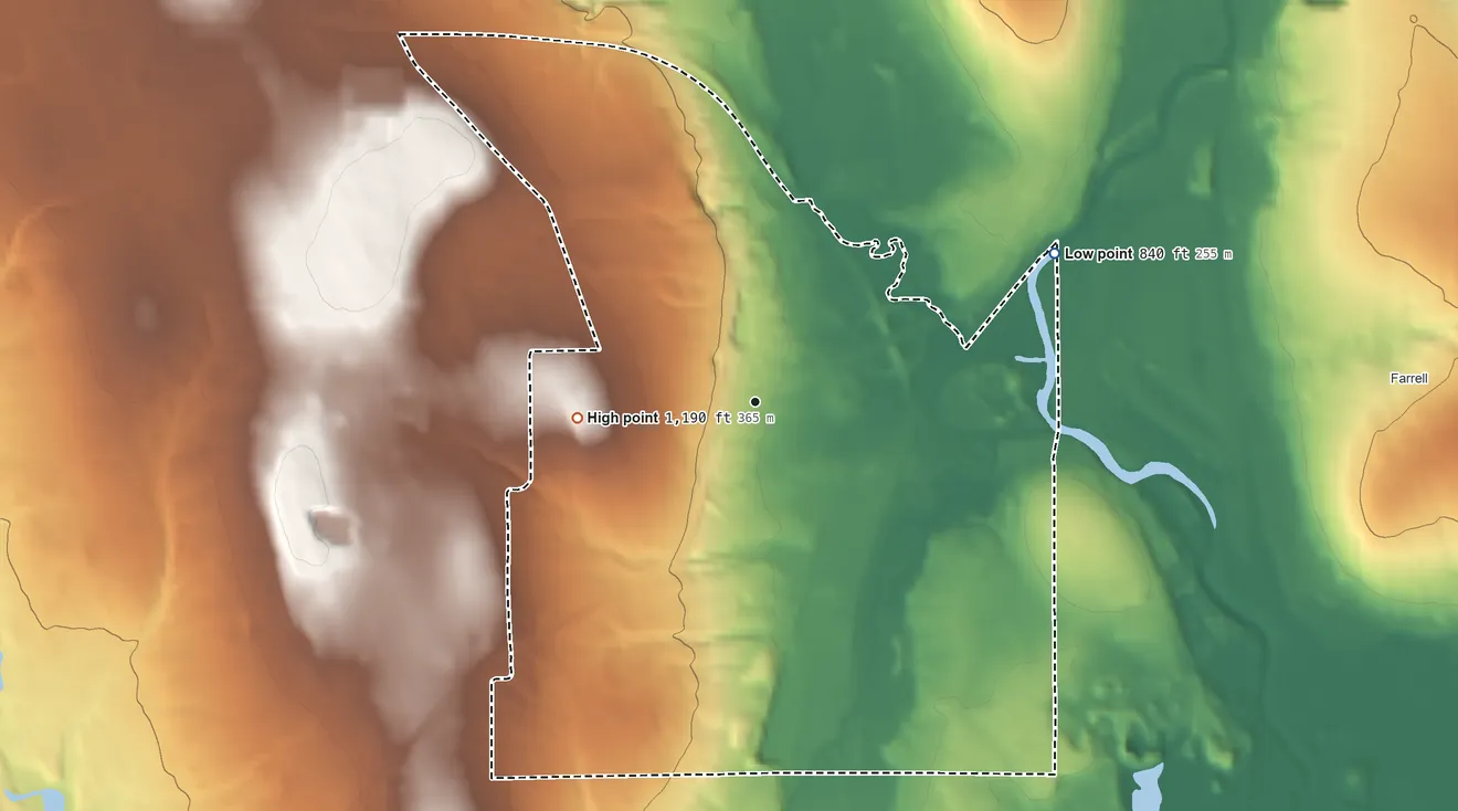 Topographic elevation map of Masury, Ohio, shaded from 840 ft on the northeast side to 1,190 ft on the west side
