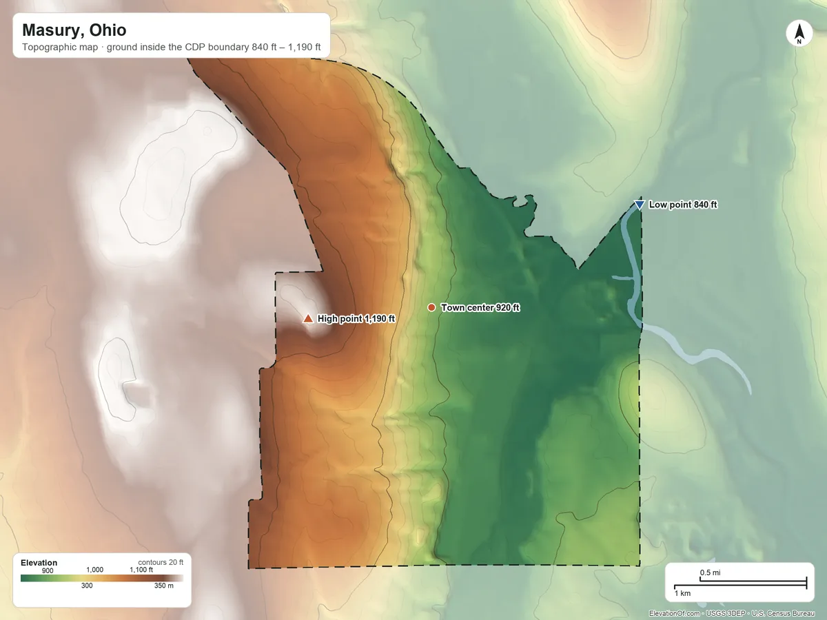 Topographic elevation map of Masury, Ohio, shaded from 840 ft on the northeast side to 1,190 ft on the west side