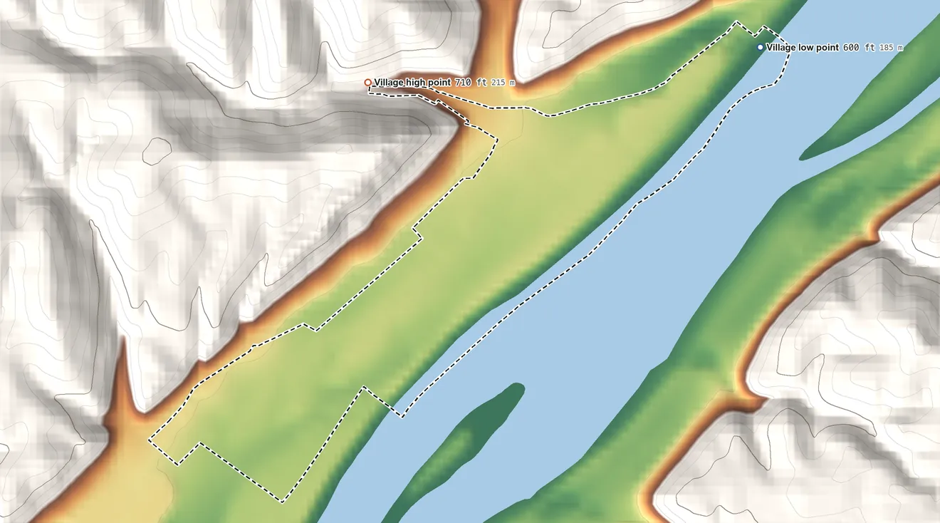 Topographic elevation map of Matamoras (New Matamoras), Ohio, shaded from 600 ft on the northeast side to 710 ft on the northwest edge, below higher ground just outside