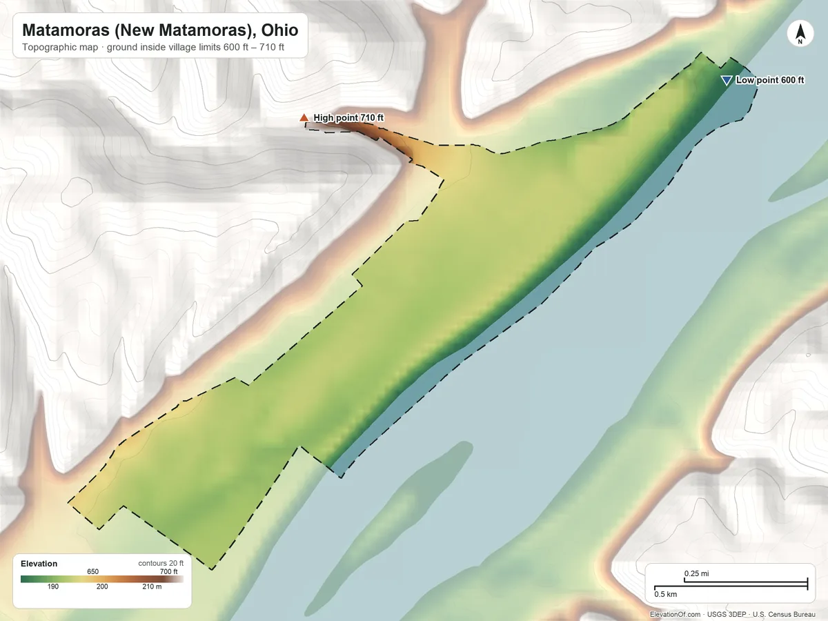 Topographic elevation map of Matamoras (New Matamoras), Ohio, shaded from 600 ft on the northeast side to 710 ft on the northwest edge, below higher ground just outside