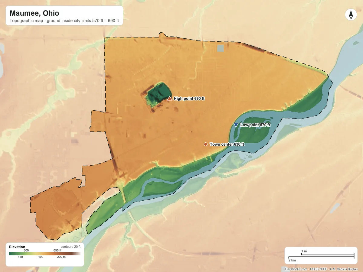 Topographic elevation map of Maumee, Ohio, shaded from 570 ft near the middle to 690 ft on the northwest side