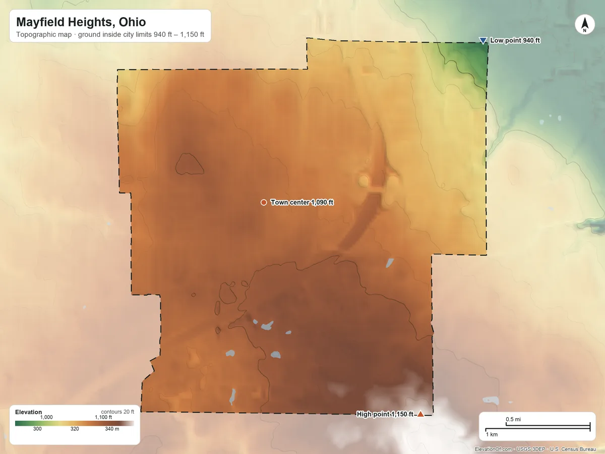 Topographic elevation map of Mayfield Heights, Ohio, shaded from 940 ft on the northeast side to 1,150 ft on the southeast side