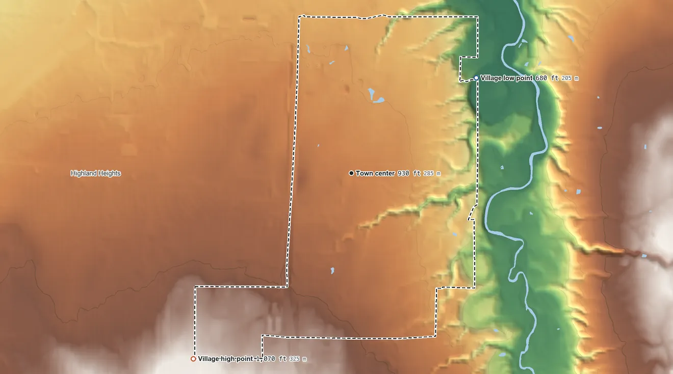 Topographic elevation map of Mayfield, Ohio, shaded from 680 ft on the northeast side to 1,070 ft on the southwest side
