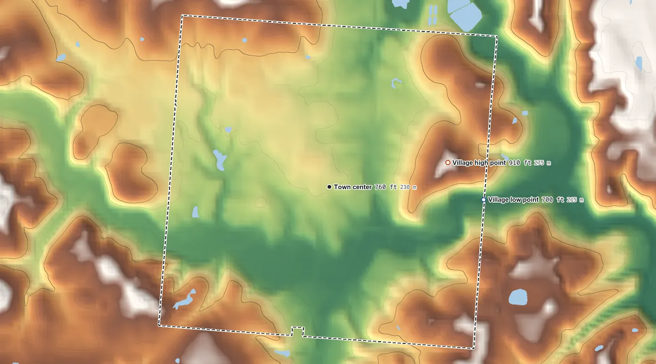 Topographic elevation map of McArthur, Ohio, shaded from 700 ft on the east side to 910 ft on the east side