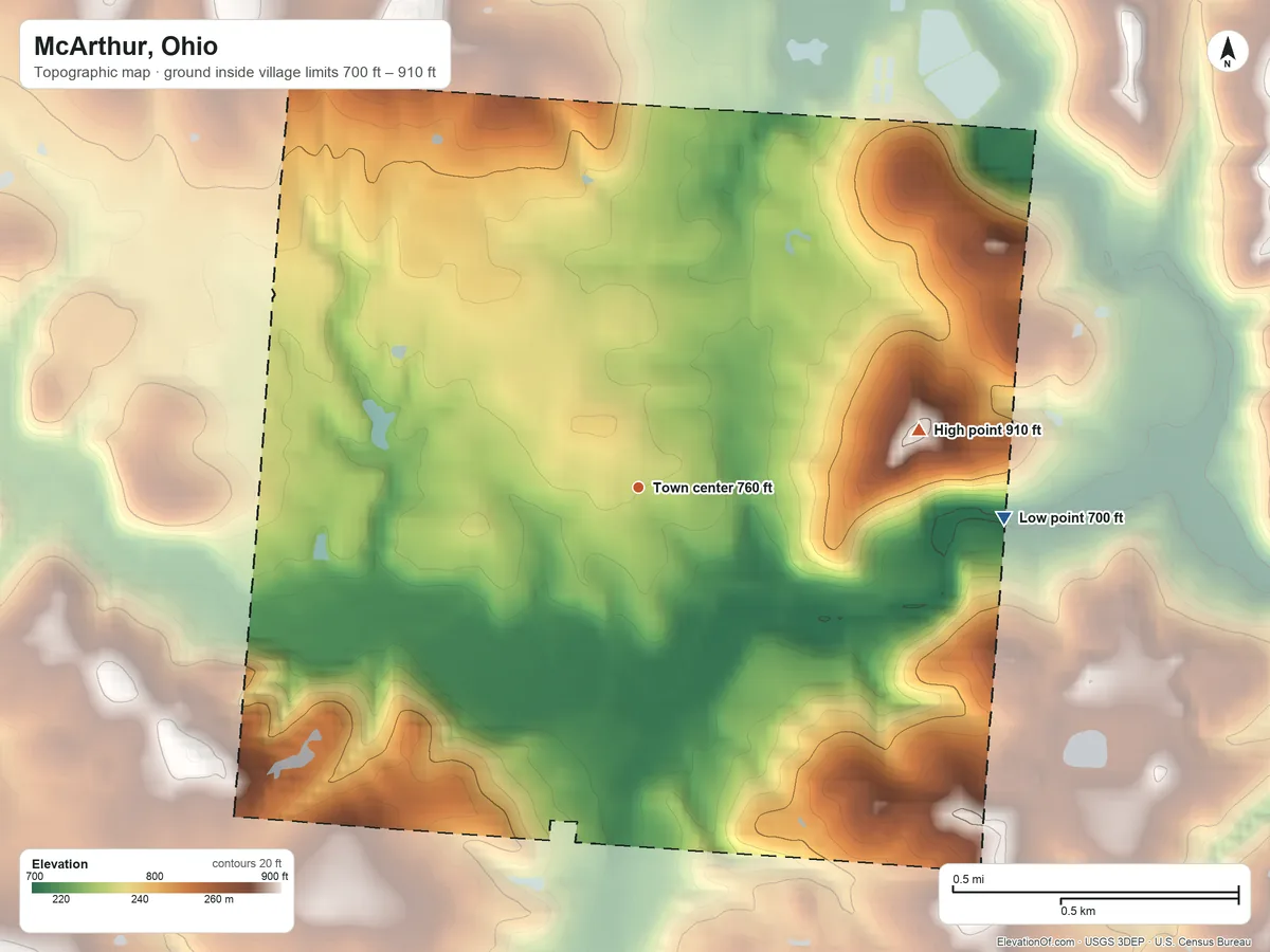 Topographic elevation map of McArthur, Ohio, shaded from 700 ft on the east side to 910 ft on the east side