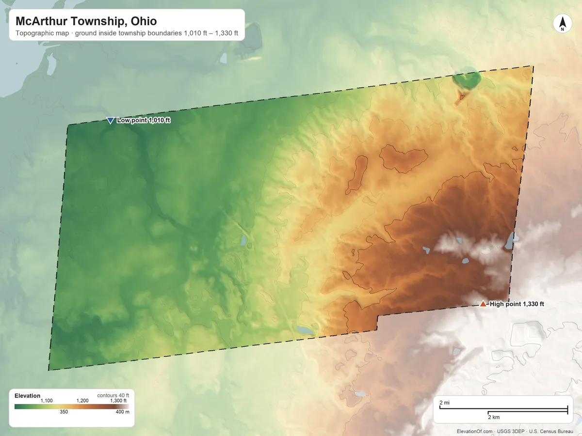 Topographic elevation map of McArthur Township, Ohio, shaded from 1,010 ft on the northwest side to 1,330 ft on the east side