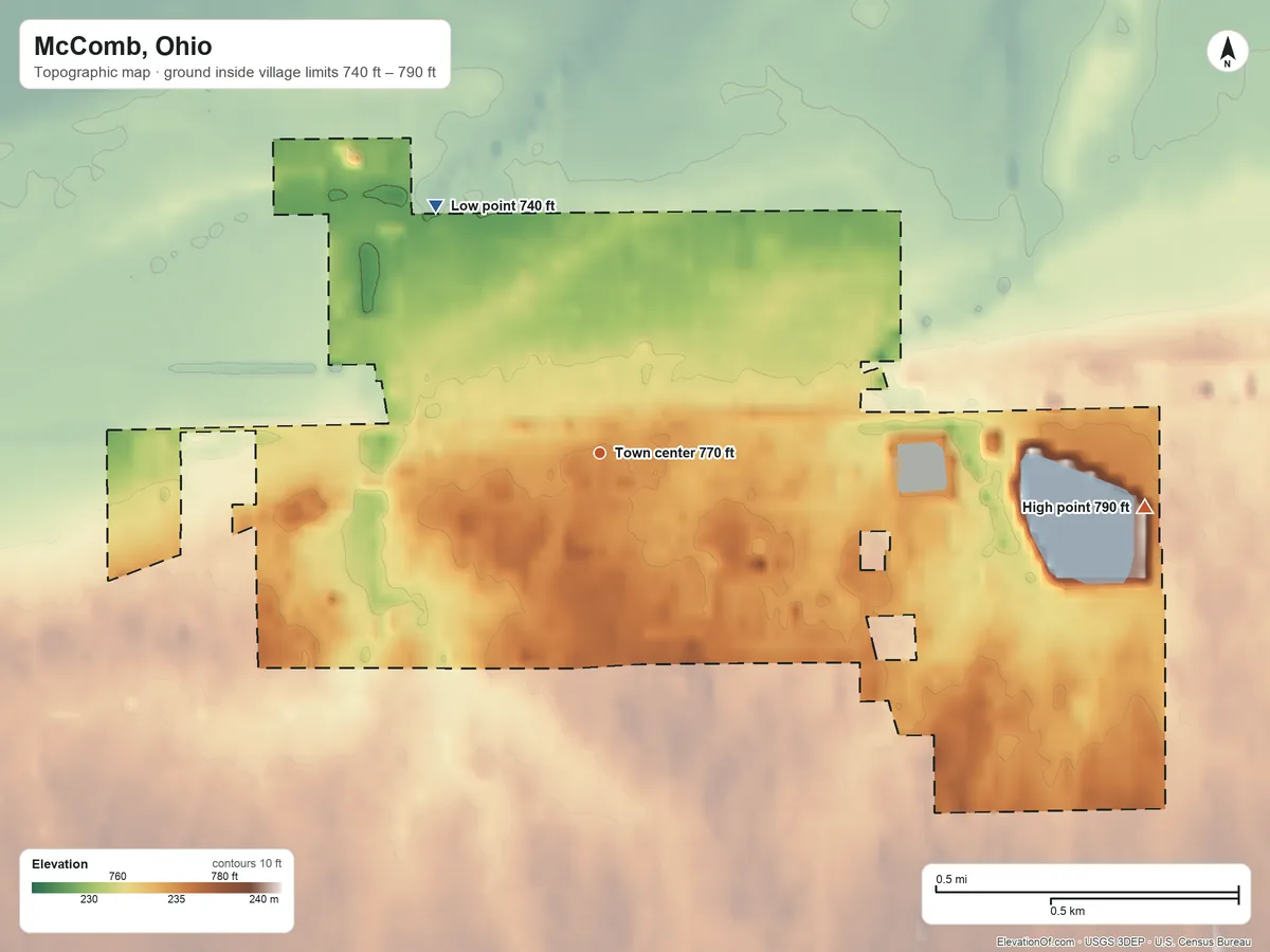 Topographic elevation map of McComb, Ohio, shaded from 740 ft on the northwest side to 790 ft on the east side