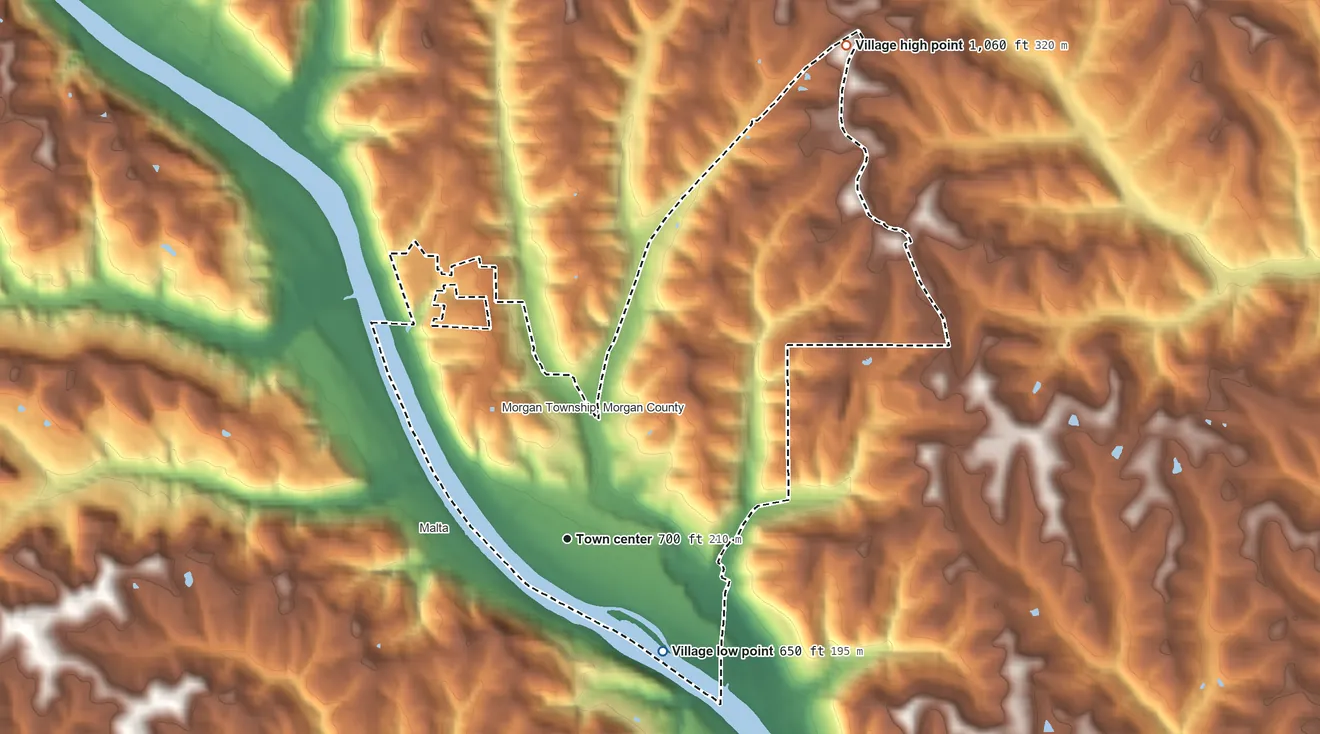 Topographic elevation map of McConnelsville, Ohio, shaded from 650 ft on the southeast side to 1,060 ft on the northeast side