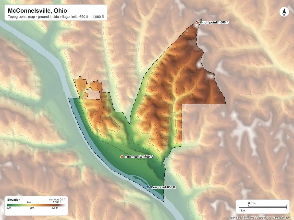 Topographic elevation map of McConnelsville, Ohio, shaded from 650 ft on the southeast side to 1,060 ft on the northeast side