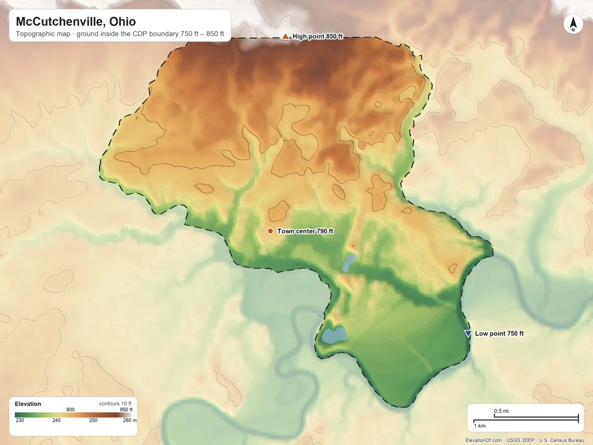 Topographic elevation map of McCutchenville, Ohio, shaded from 750 ft on the southeast side to 850 ft on the north side