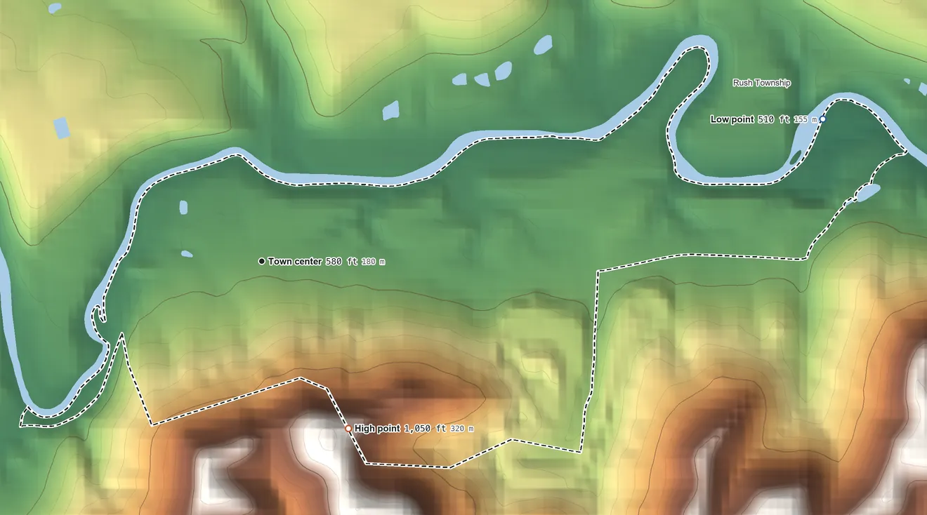 Topographic elevation map of McDermott, Ohio, shaded from 510 ft on the east side to 1,050 ft on the southeast side