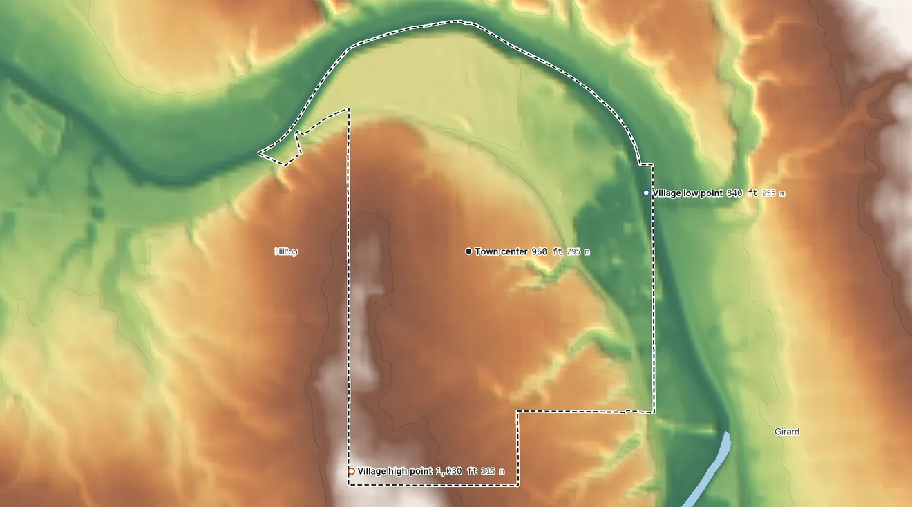 Topographic elevation map of McDonald, Ohio, shaded from 840 ft on the east side to 1,030 ft on the southwest side