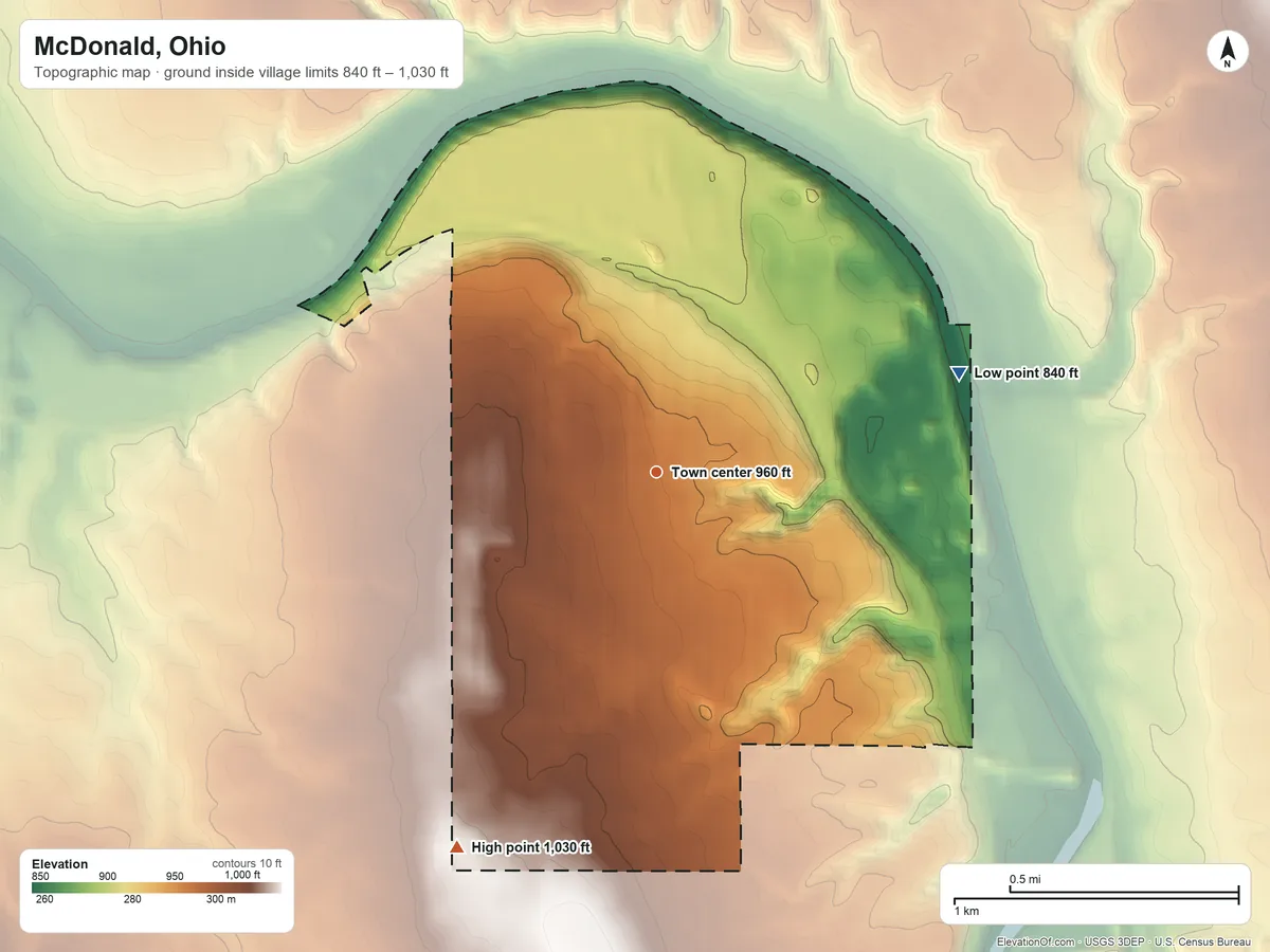 Topographic elevation map of McDonald, Ohio, shaded from 840 ft on the east side to 1,030 ft on the southwest side