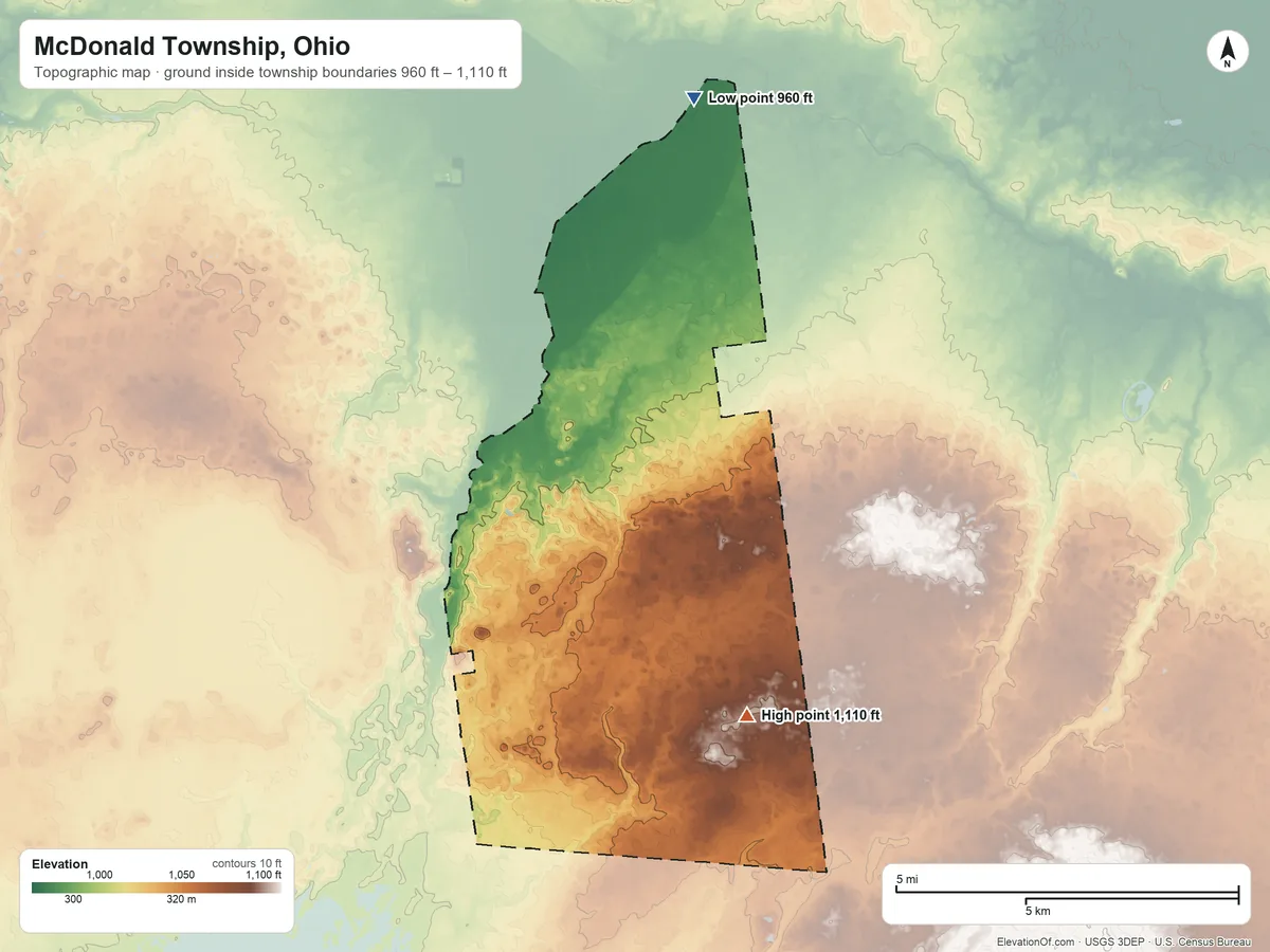 Topographic elevation map of McDonald Township, Ohio, shaded from 960 ft on the north side to 1,110 ft on the southeast side